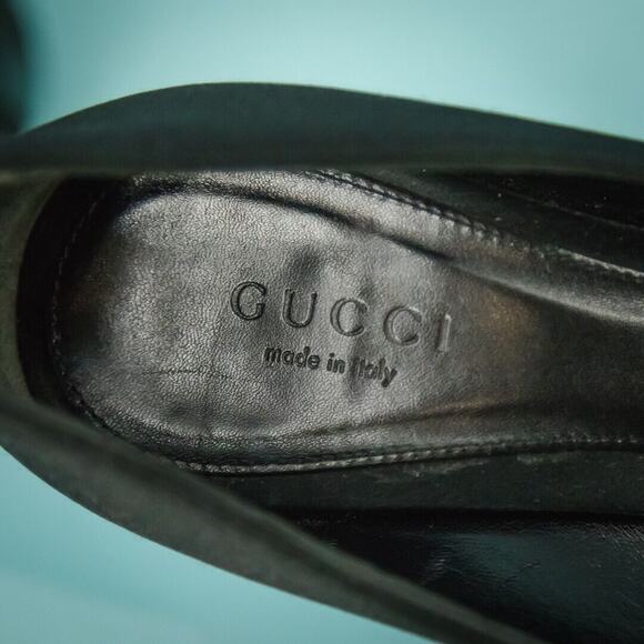 Gucci Size 6 Black Satin Rhinestone Horsebit Open Peep Toe High Heels Pumps - Picture 4 of 10